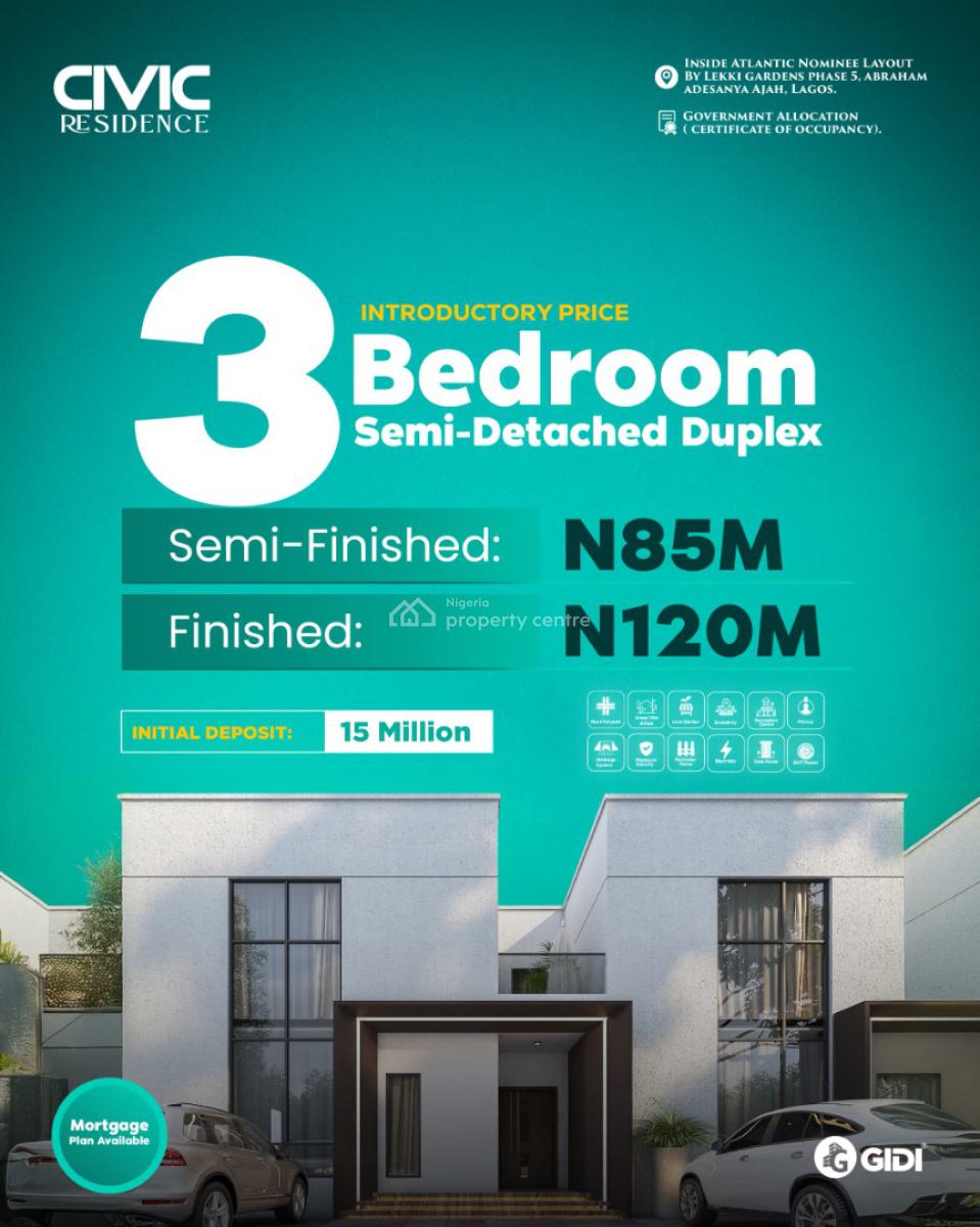 3 Bedrooms Semi Detached Duplex, Civil Residence,atlantic Layout, Lekki Garden, Olokonla, Ajah, Lagos, Semi-detached Duplex for Sale