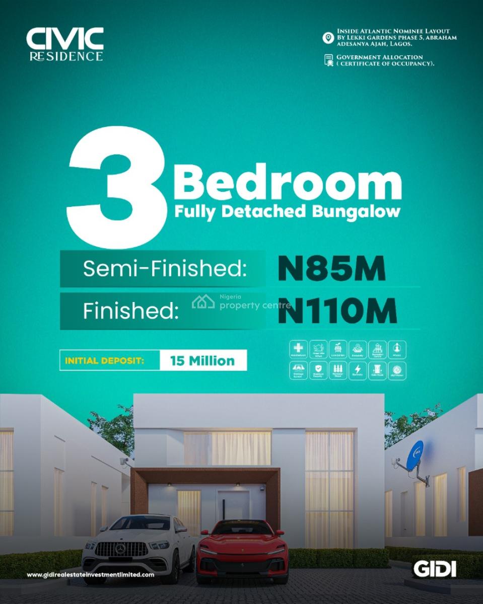 3 Bedrooms Fully Detached Bungalow, Civil Residence,atlantic Layout, Lekki Garden, Olokonla, Ajah, Lagos, Semi-detached Duplex for Sale
