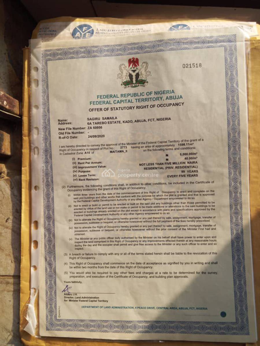 1598sqm, Residential Cofo Fully Paid for Not Collected, Maitama2, Maitama 2, Maitama District, Abuja, Residential Land for Sale