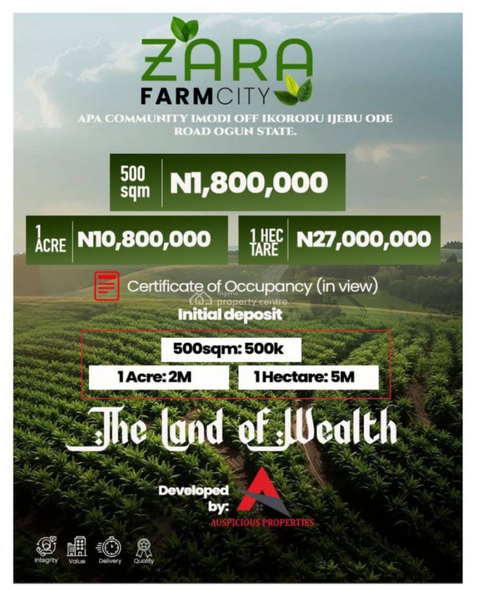Farm Land with Certificate of Occupancy in View, Zara Farm City Located at, Ijebu Ode, Ogun, Commercial Land for Sale