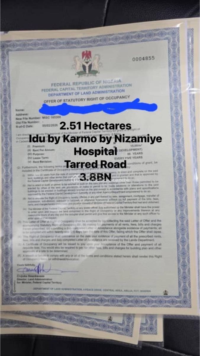 2.5 Hectares of Land, Karmo By Nizamiye Hospital, Idu Industrial, Abuja, Mixed-use Land for Sale
