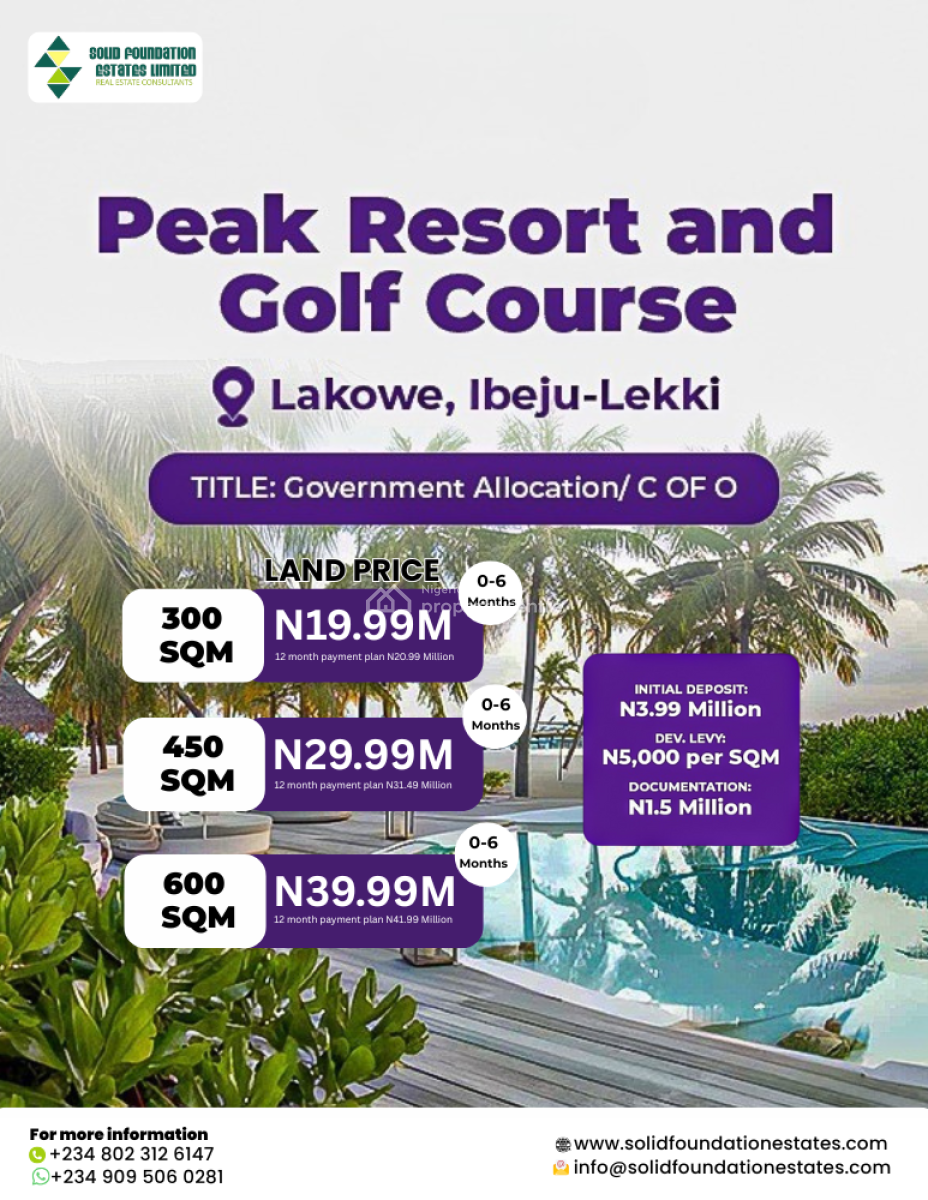 Plots of Land  Measuring 300 Sqm, 450 Sqm & 600 Sqm, Peak Resort, Ibeju Lekki, Lagos, Land for Sale