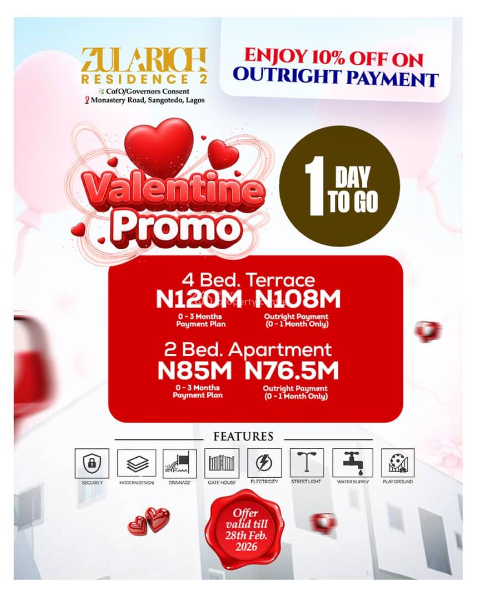 Luxury 4 Bedroom Terrace: Pay & Park in, Zularich Residence 2, Off Monastery Road, Sangotedo, Ajah, Lagos, Terraced Duplex for Sale