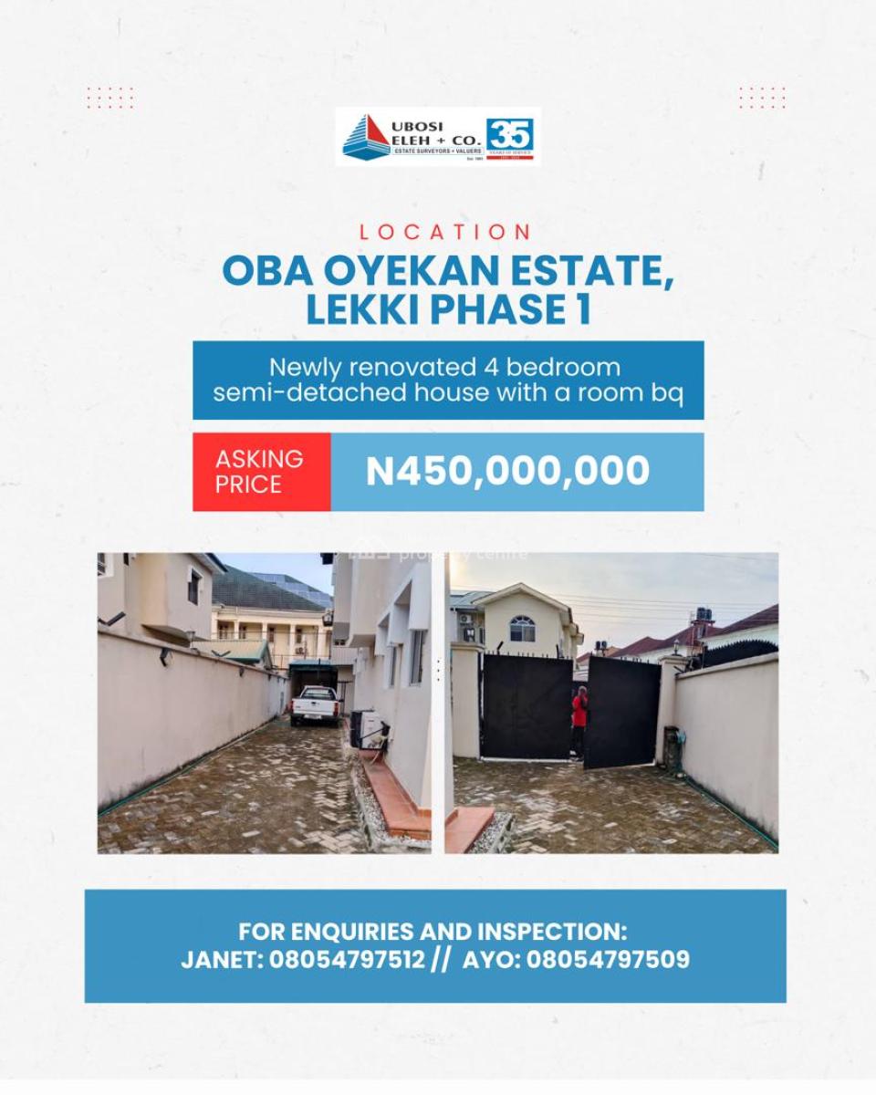 Newly Renovated 4 Bedroom Semi Detached House, Oba Oyekan Estate, Lekki Phase 1, Lekki, Lagos, Semi-detached Bungalow for Sale