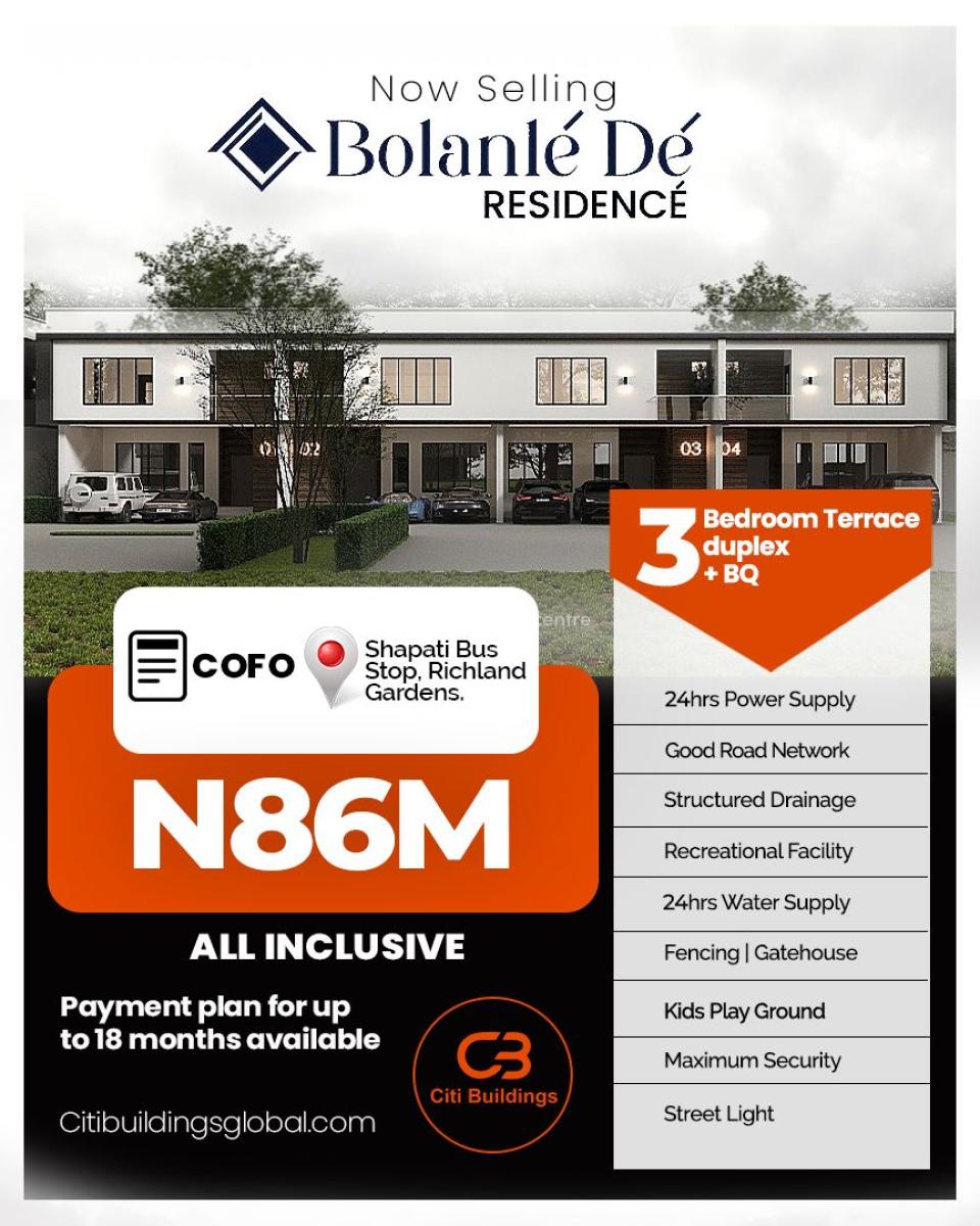 Luxury 3 Bedroom Semi Detached Duplex + Bq with Cofo, Bolanle Residence, Inside Richland Gardens, Bogije, Ibeju Lekki, Lagos, Semi-detached Duplex for Sale