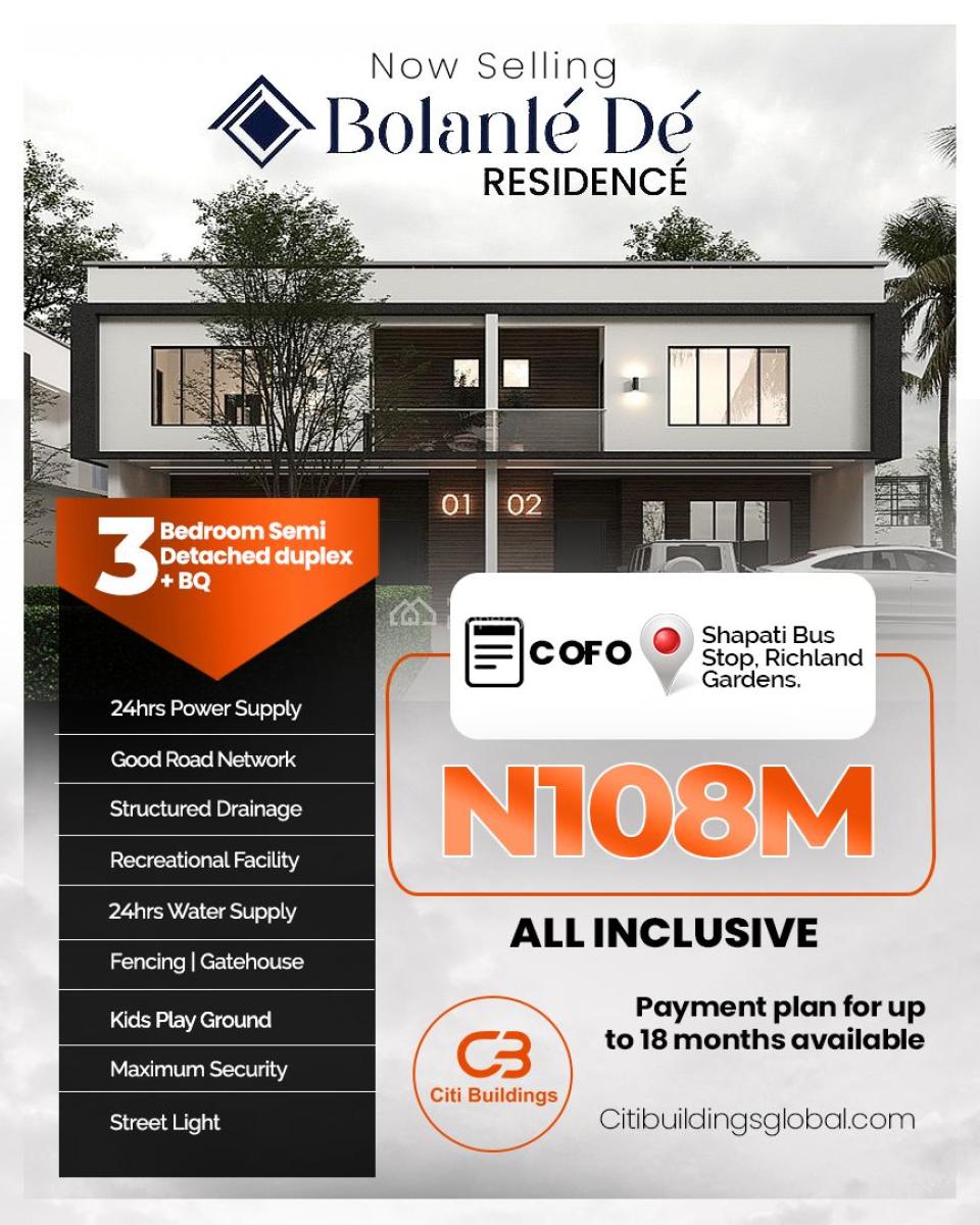 Luxury 3 Bedroom Semi Detached Duplex + Bq with Cofo, Bolanle Residence, Inside Richland Gardens, Bogije, Ibeju Lekki, Lagos, Semi-detached Duplex for Sale