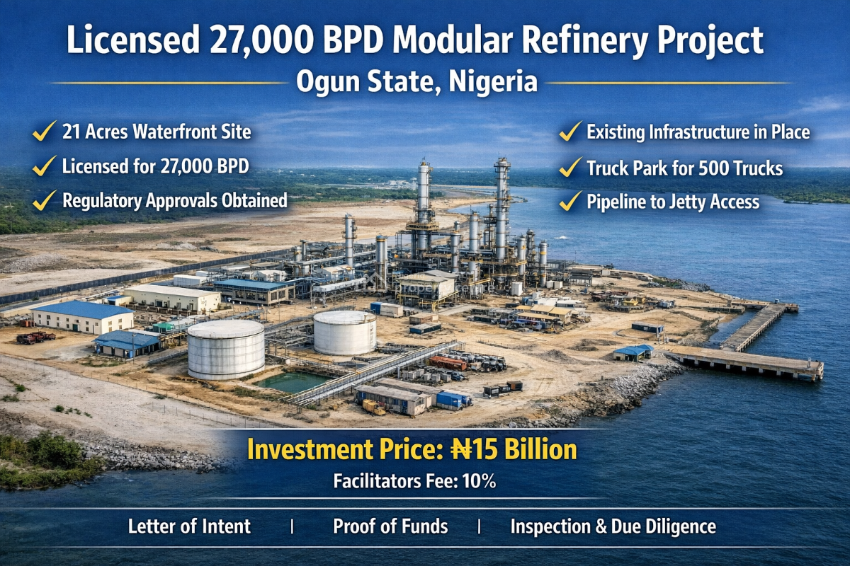 27,000 Bpd Modular Refinery Project on 21 Acres Waterfront Land, Ogun Waterside, Ogun, Commercial Property for Sale