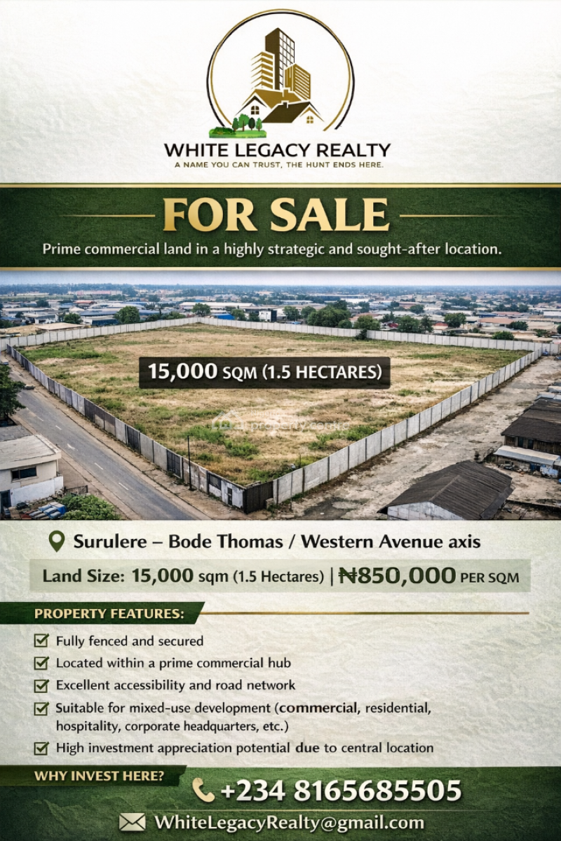 15,000 Sqm (1.5 Hectares) Prime Commercial Land, Bode Thomas, Surulere, Lagos, Commercial Land for Sale