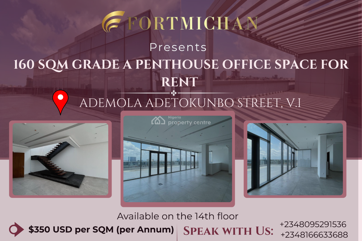 160 Sqm Grade a Penthouse Office Space, Ademola Adetokunbo Street, Victoria Island (vi), Lagos, Office Space for Rent
