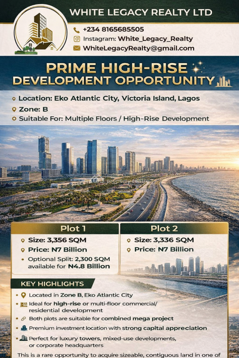 3,356 Sqm & 3,336 Sqm Land in Eko Atlantic, Victoria Island, Eko Atlantic City, Lagos, Mixed-use Land for Sale