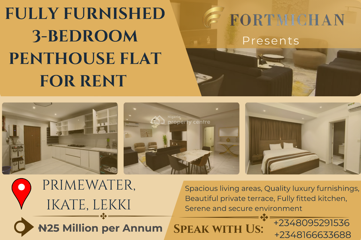 Fully Furnished 3-bedroom Penthouse Apartment, Primewater, Ikate, Lekki Phase 1, Lekki, Lagos, Flat / Apartment for Rent