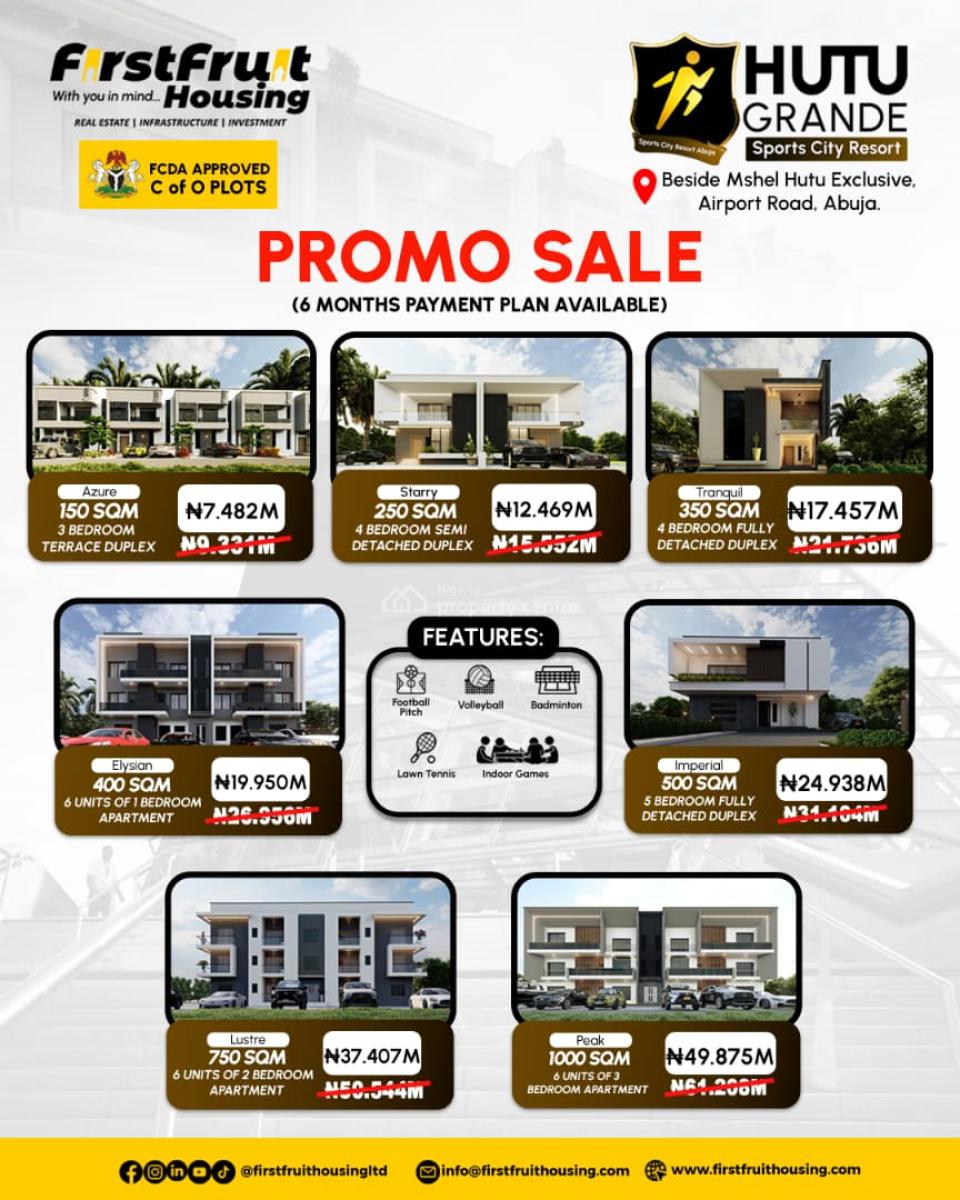 Land for Premium 4 Bedroom Fully Detached Duplex, Hutu Grande Sports City Resort, Lugbe District, Abuja, Mixed-use Land for Sale