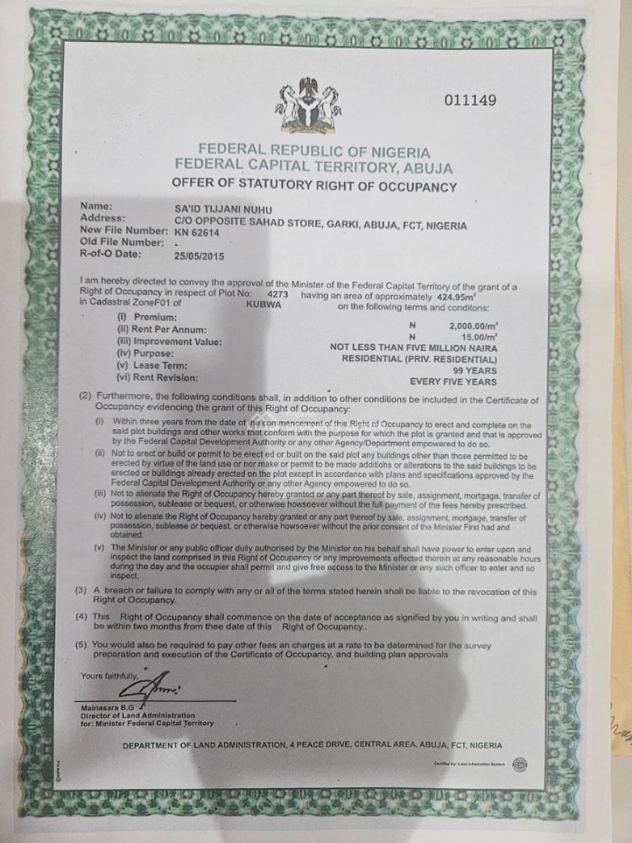 424.95m² Resident Plot at F01 Kubwa, Abuja   Title - R of O, Military Pension Board, Fo1 Layout, Kubwa, Abuja, Residential Land for Sale