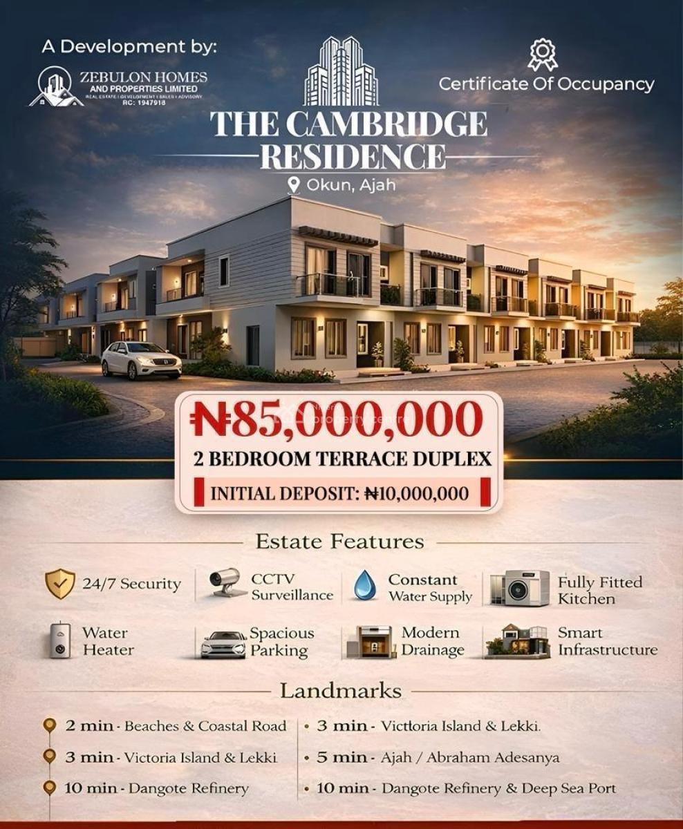 2 Bedroom Terraced  Duplex with C of O, The Cambridge Residence Located at Okun, Ajah, Lagos, Terraced Duplex for Sale