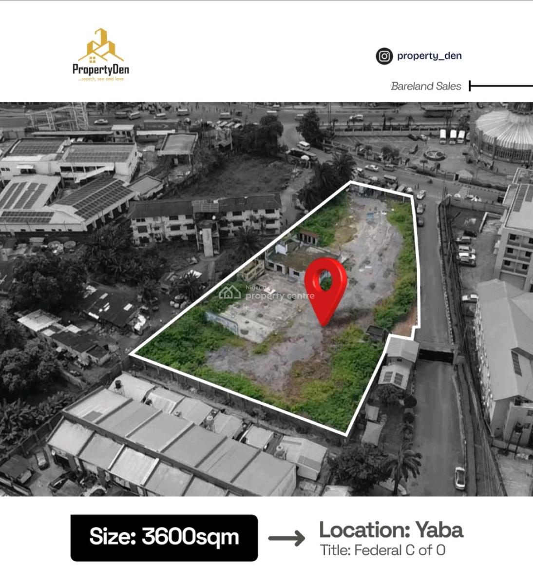 3,600 Sqm Bareland.  Title: Federal C of O  Location: Yaba, Lagos, Yaba, Lagos, Land for Sale
