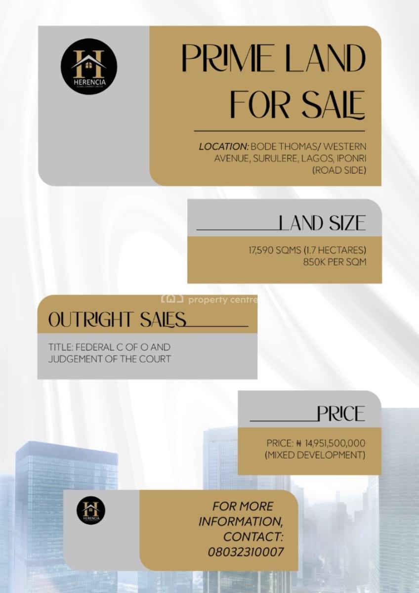 17,000sqm of  Land, Western Avenue, Bode Thomas, Surulere, Lagos, Mixed-use Land for Sale