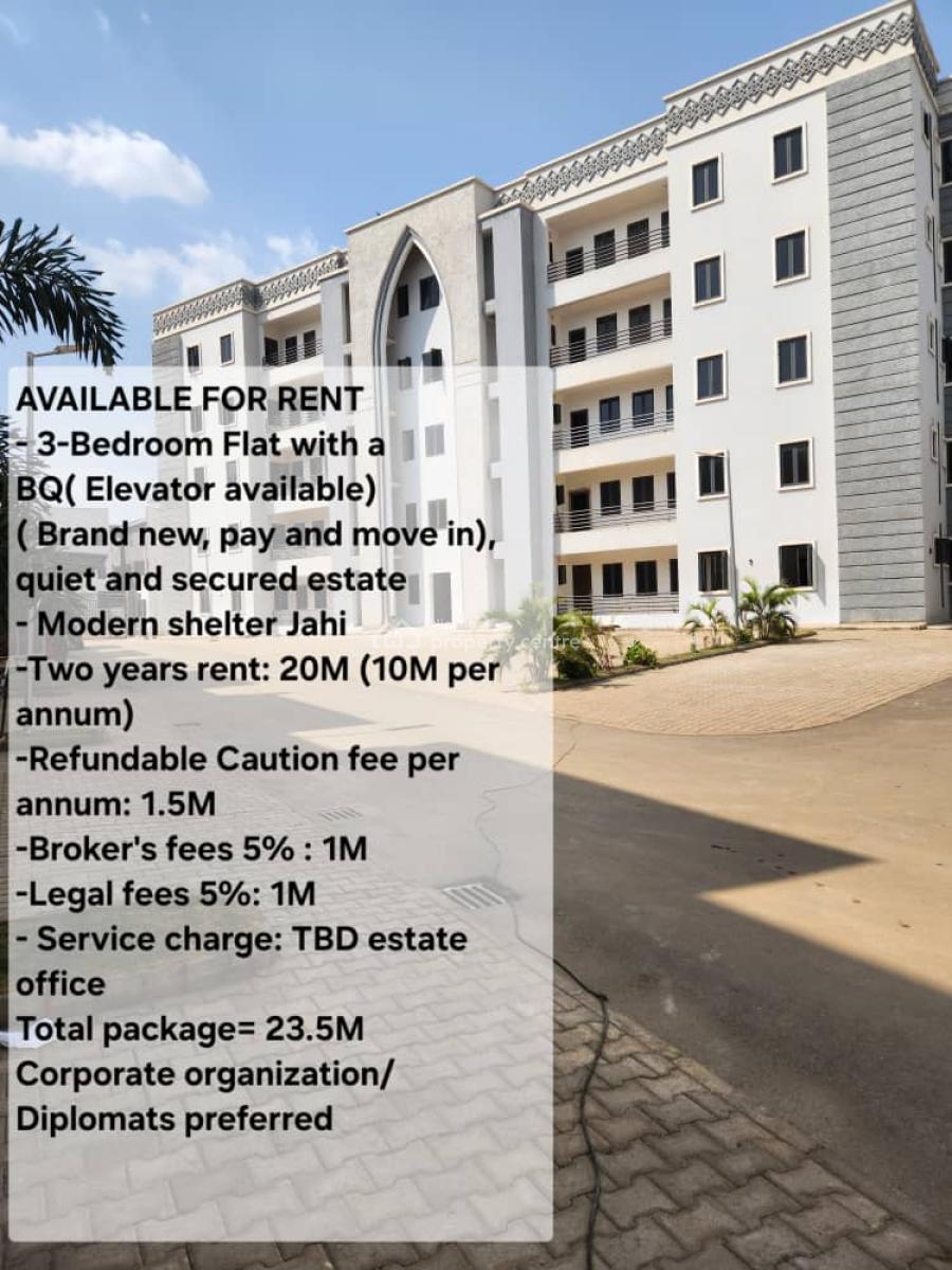 Brand New 3 Bedroom Flat with Bq &elevator Within a Quiet and Secured Estate, Jahi, Abuja, Flat / Apartment for Rent