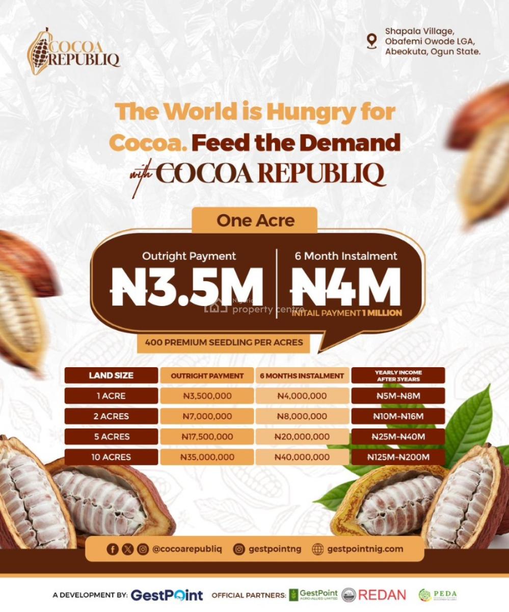 Cocoa Farm Investment -- Own  Acres of Cocoa Republiq, Shapala Village, Obafemi Owode, Ogun, Commercial Land for Sale