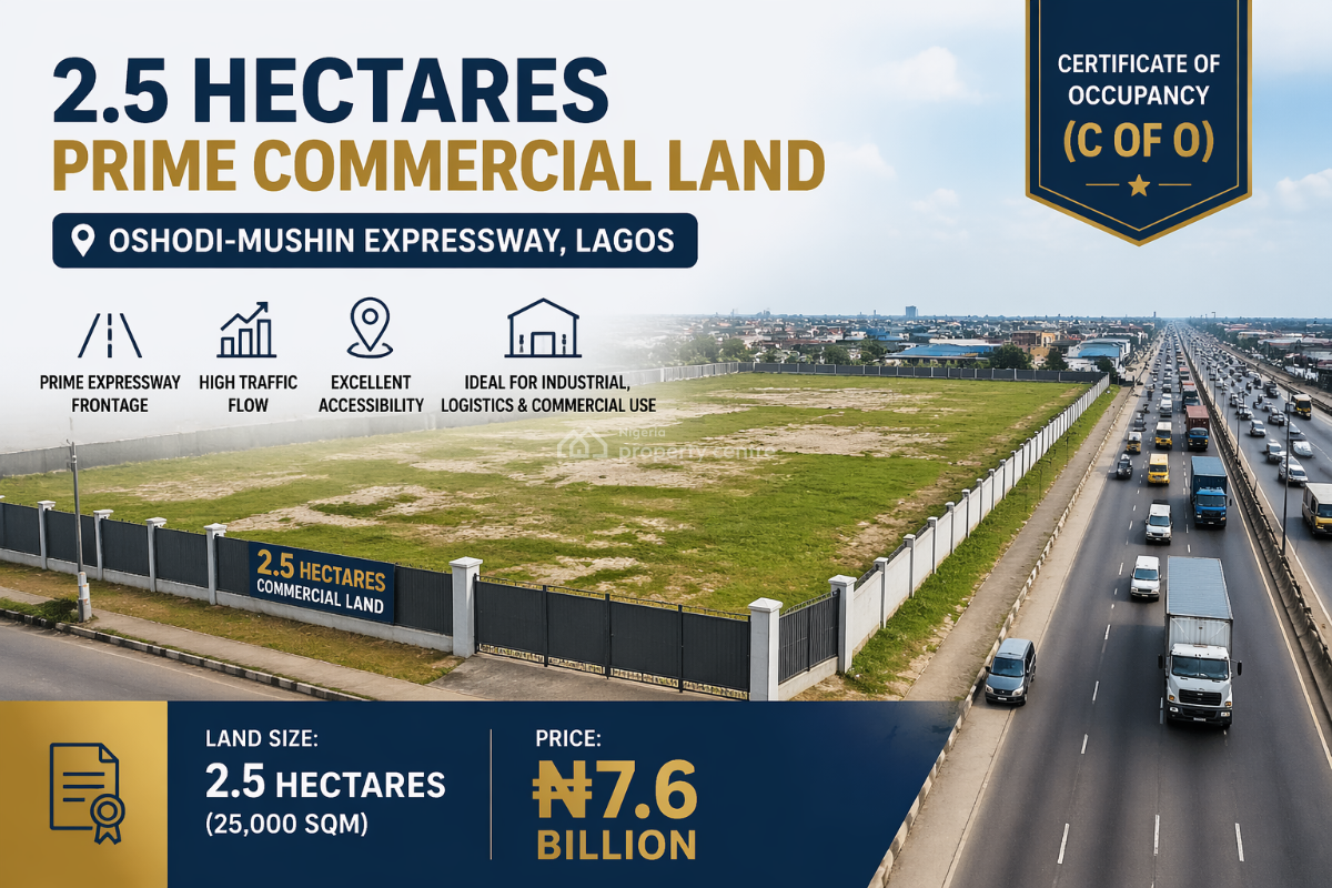 Prime 2.5 Hectares Fenced & Gated Commercial Land, Oshodi Expressway, Mushin, Lagos, Commercial Land for Sale