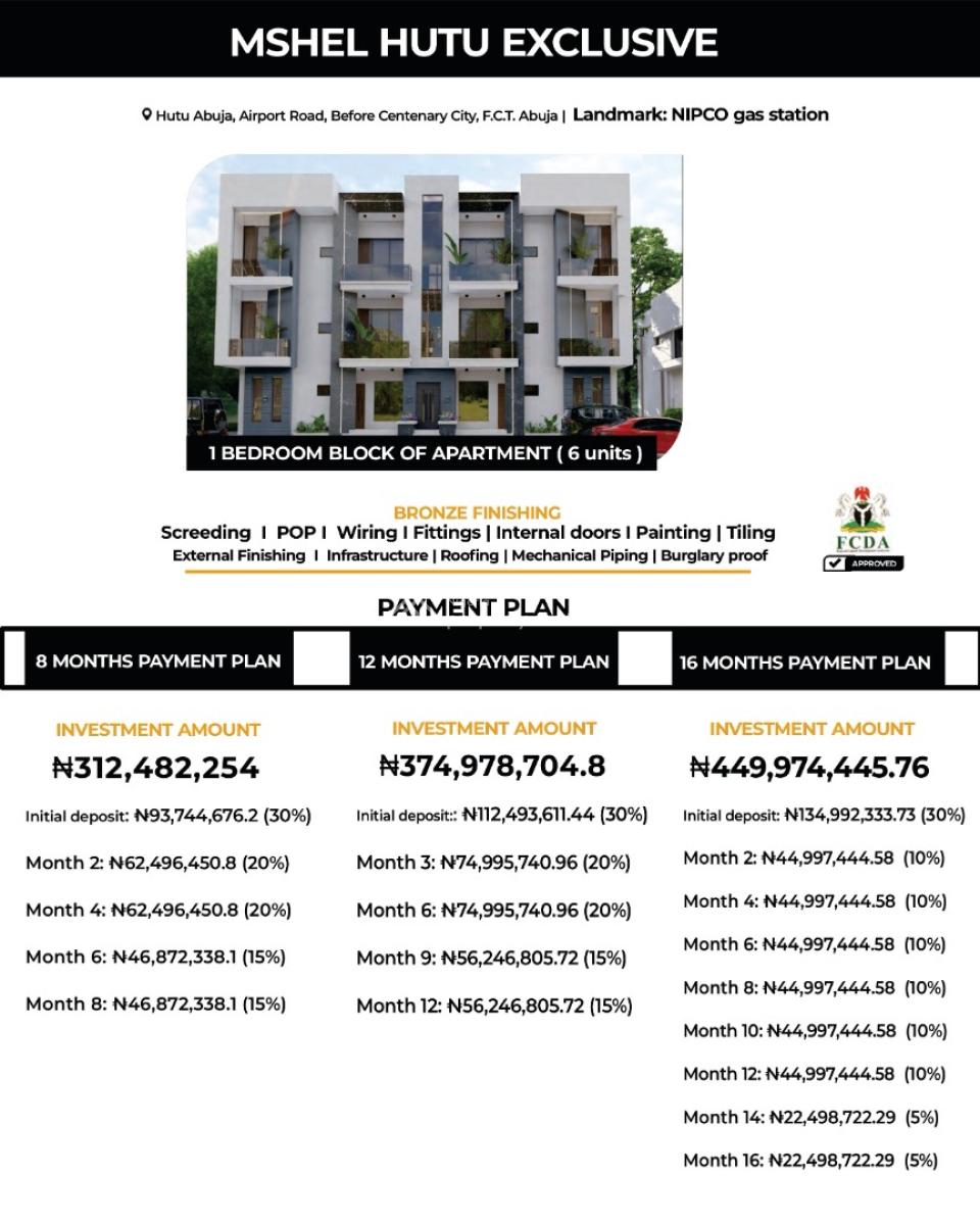 Premium 1 Bedroom Apartments & Investment Blocks Mshel Hutu Exclusive, Airport Road, Mshel Hutu Exclusive, Lugbe District, Abuja, Flat / Apartment for Sale