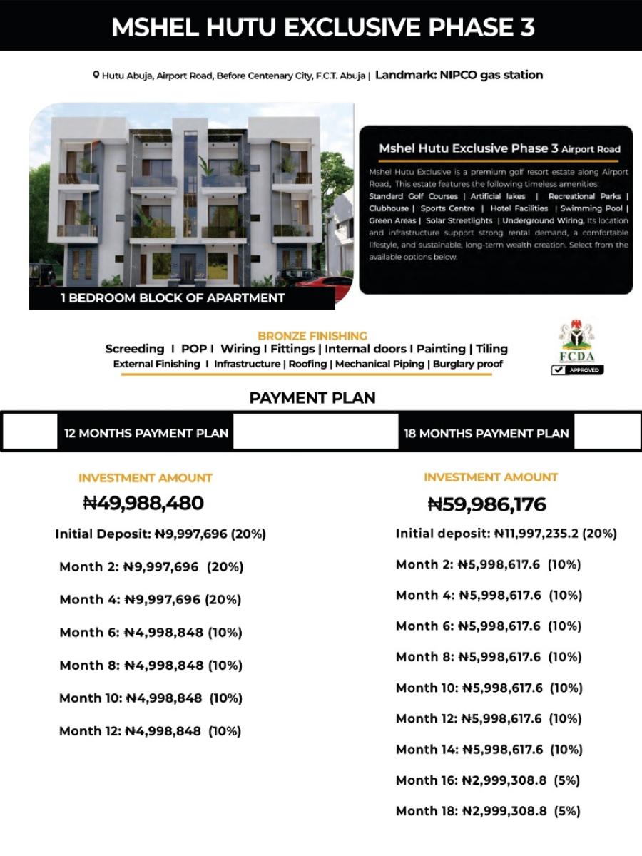 Premium 1 Bedroom Apartments & Investment Blocks Mshel Hutu Exclusive, Airport Road, Mshel Hutu Exclusive, Lugbe District, Abuja, Flat / Apartment for Sale