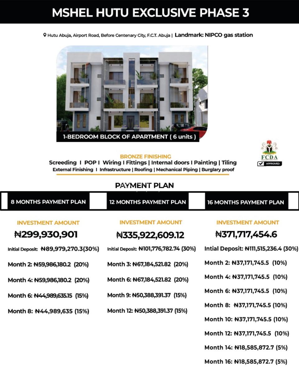 Premium 1 Bedroom Apartments & Investment Blocks Mshel Hutu Exclusive, Airport Road, Mshel Hutu Exclusive, Lugbe District, Abuja, Flat / Apartment for Sale
