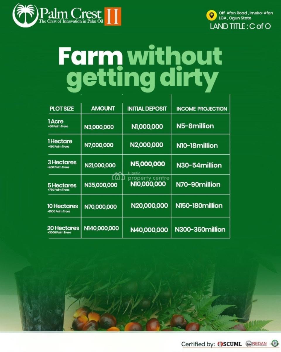 Fertile Farmland with Managed Palm Tree Investment (multiple Packages), Palm Crest Ii / Off Afon Road, Imeko Afon, Ogun, Commercial Land for Sale
