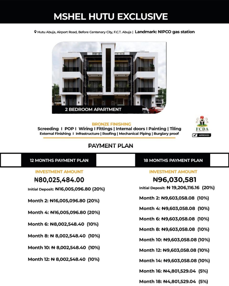2 Bedroom Apartments & Full Investment Blocks  Mshel Hutu Exclusive, Airport Road, Mshel Hutu Exclusive, Lugbe District, Abuja, Flat / Apartment for Sale