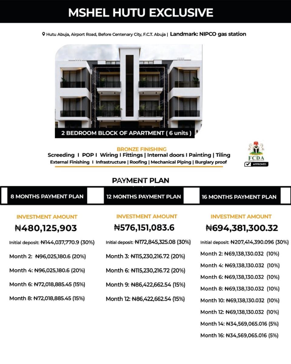 2 Bedroom Apartments & Full Investment Blocks  Mshel Hutu Exclusive, Airport Road, Mshel Hutu Exclusive, Lugbe District, Abuja, Flat / Apartment for Sale