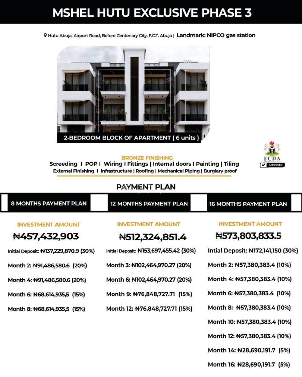 2 Bedroom Apartments & Full Investment Blocks  Mshel Hutu Exclusive, Airport Road, Mshel Hutu Exclusive, Lugbe District, Abuja, Flat / Apartment for Sale
