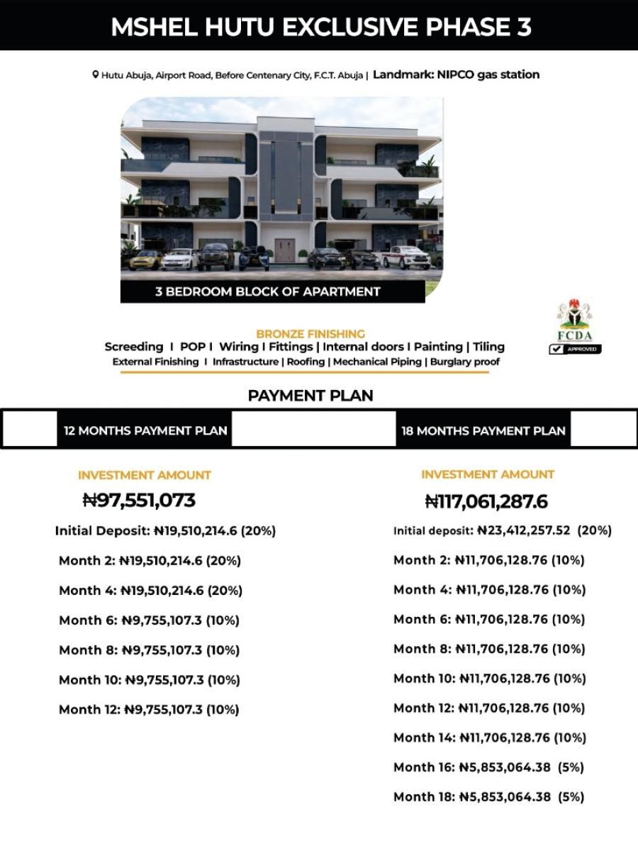 3 Bedroom Apartments, Terrace Duplexes & Investment Blocks Mshel Hutu, Airport Road, Mshel Hutu Exclusive, Lugbe District, Abuja, House for Sale