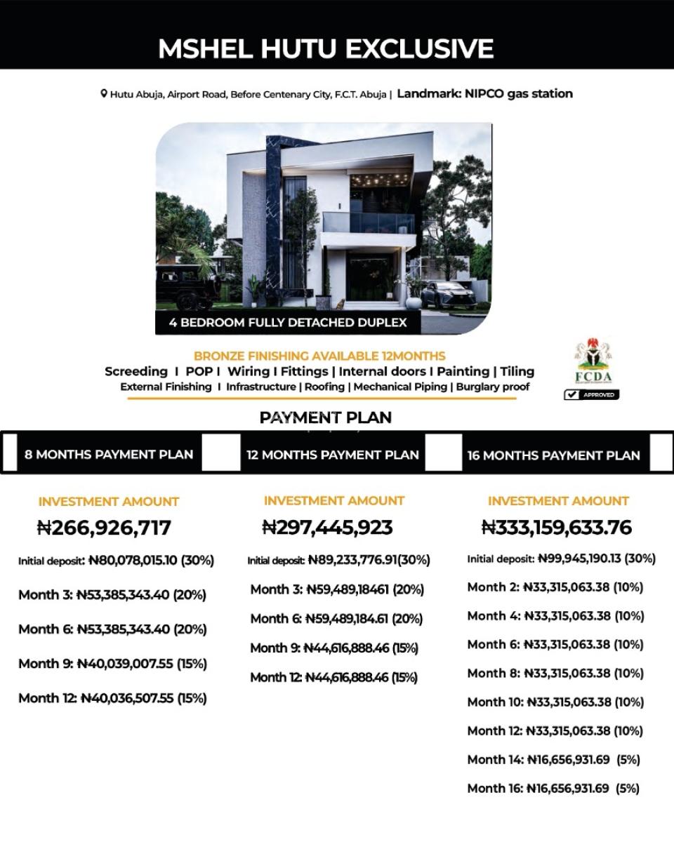 Luxury 4 Bedroom Semi-detached & Fully Detached Duplexes Mshel Hutu, Airport Road, Mshel Hutu Exclusive, Lugbe District, Abuja, House for Sale