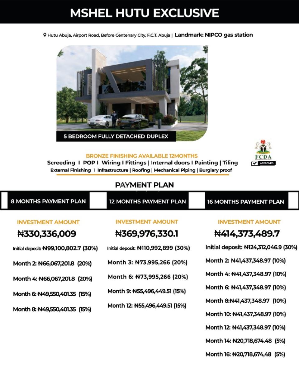 5 Bedroom Ambassadorial Fully Detached Duplex  Mshel Hutu Exclusive, Airport Road, Mshel Hutu Exclusive, Lugbe District, Abuja, Detached Duplex for Sale