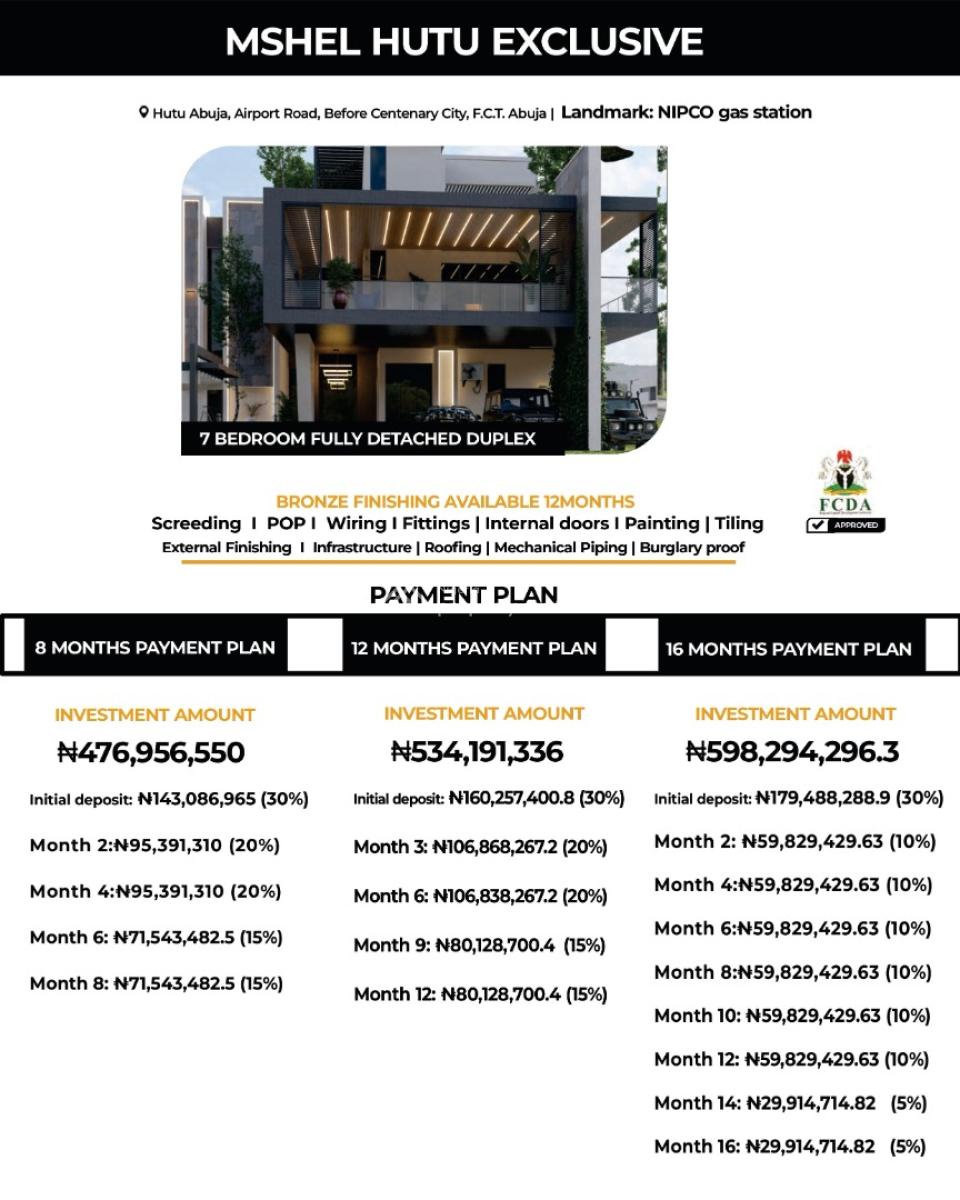 Executive 7 Bedroom Fully Detached Duplex  Mshel Hutu Exclusive, Airport Road, Hutu Exclusive, Lugbe District, Abuja, Detached Duplex for Sale