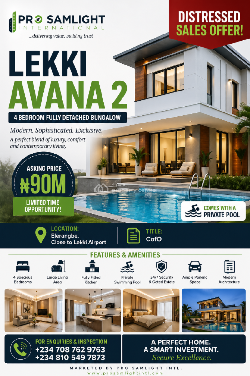 Luxury 4 Bedroom Fully Detached Bungalow with a Pool and Bq, Lekki Avana 2, Close to Lekki Airport, Eleranigbe, Ibeju Lekki, Lagos, Detached Bungalow for Sale