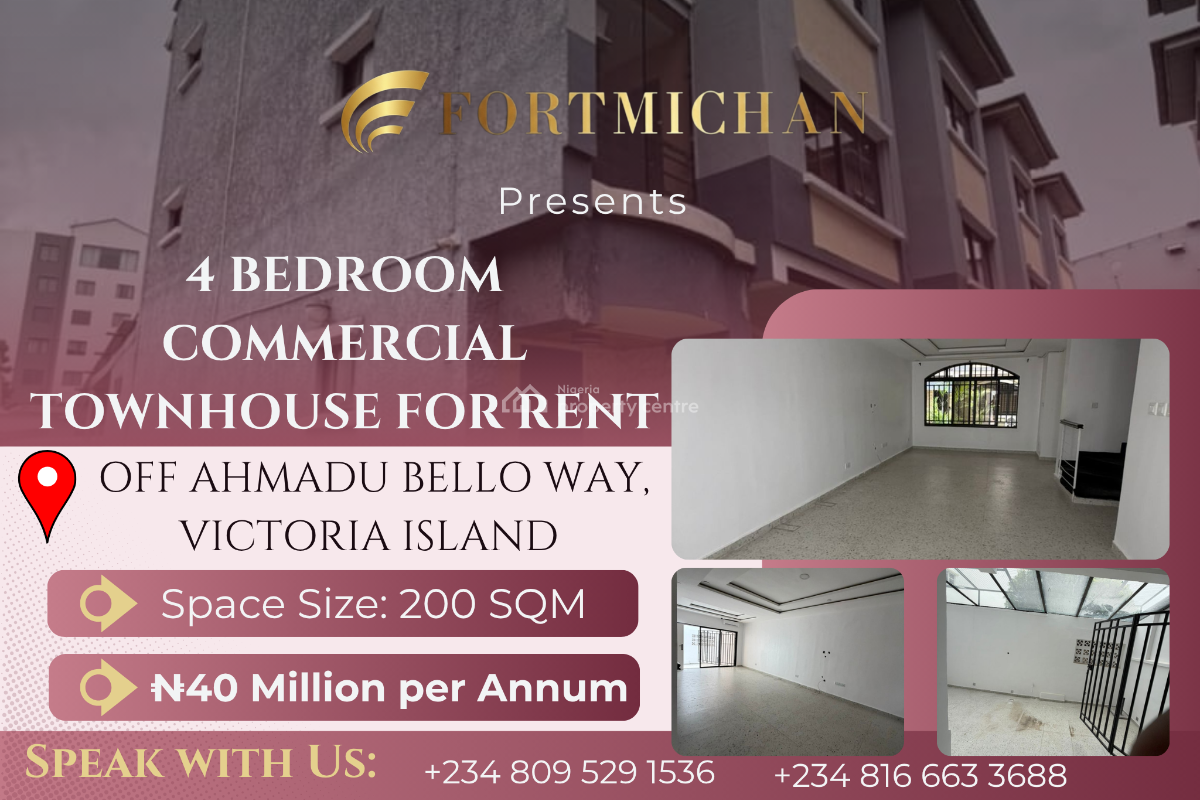 4-bedroom Commercial Townhouse for Office Use, Off Ahmadu Bello Way, Victoria Island (vi), Lagos, Office Space for Rent