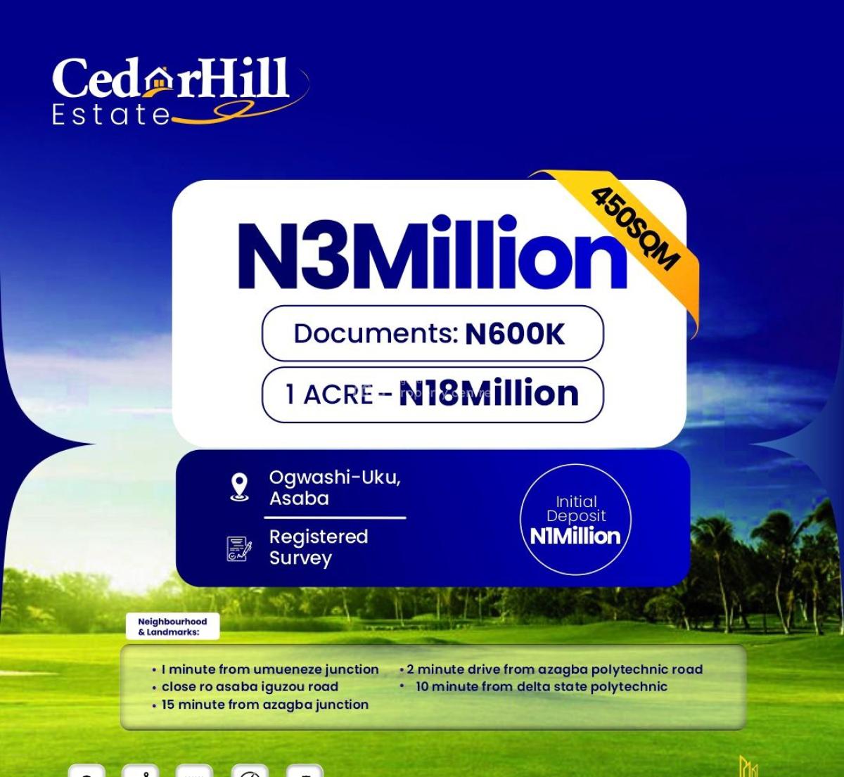 Land with Registered Survey Plan, Cedar Hills Estate Located at Ogwashi-uku, Asaba, Delta, Residential Land for Sale