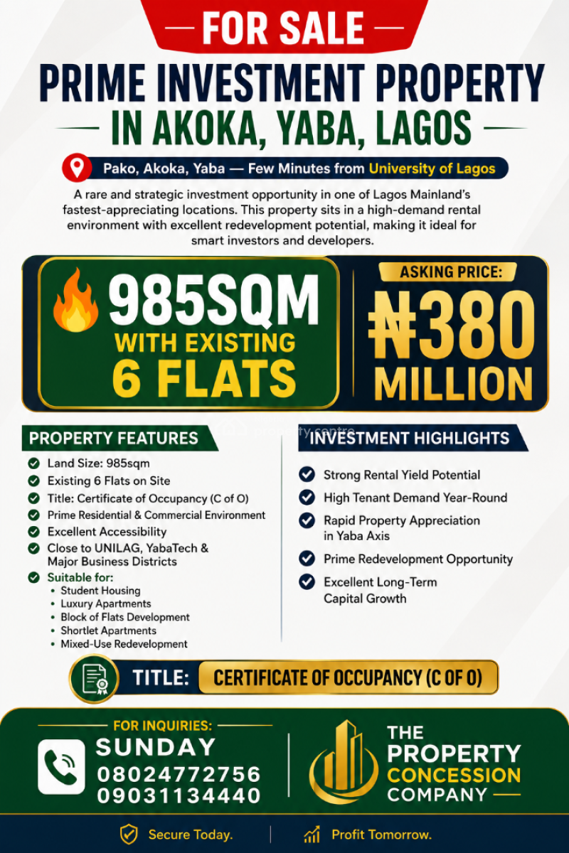 a Well Located 2 Plots with Block of Flats, Pako, Akoka, Yaba, Lagos, Mixed-use Land for Sale