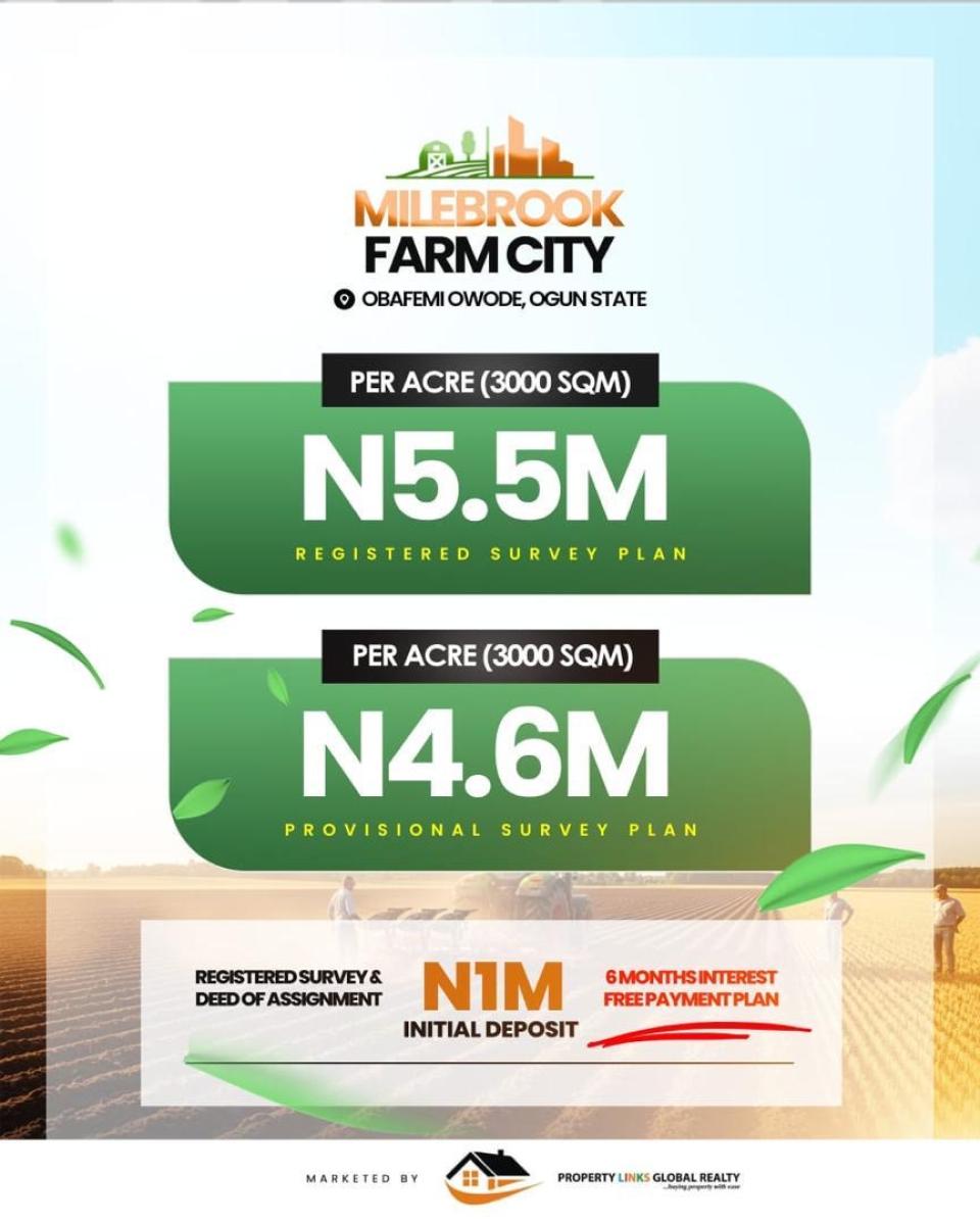 Most Demanding Farmland with Free Documentation, Milebrook Farm City for Sale in, Obafemi Owode, Ogun, Commercial Land for Sale