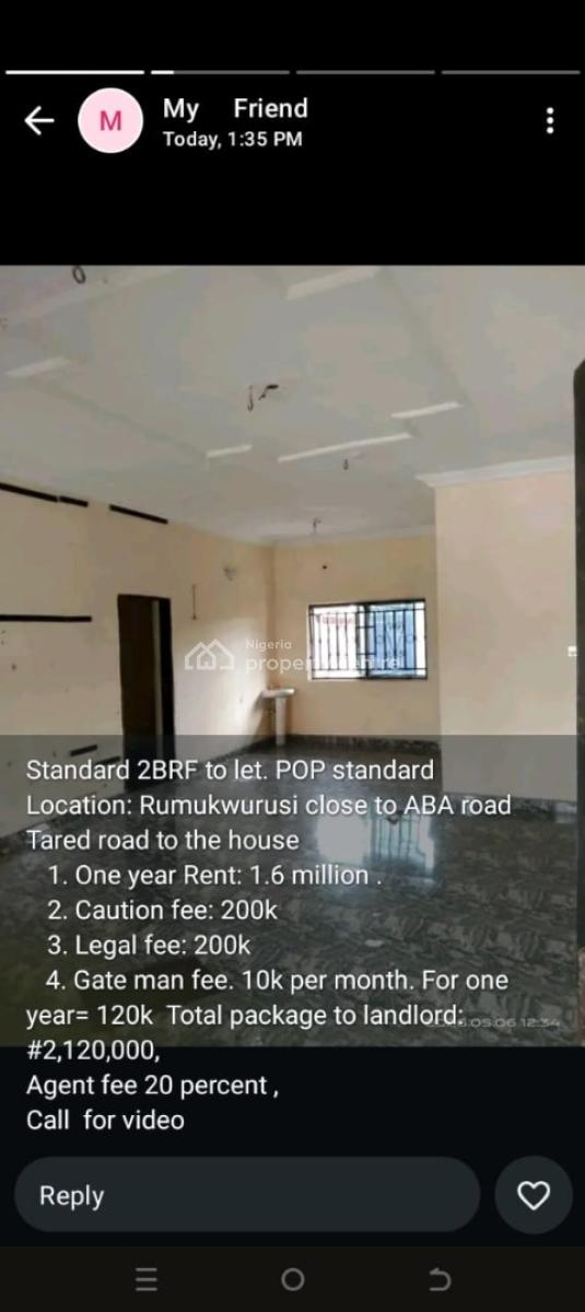 a Standard 2 Bedroom Flat with Modern Facilities, Close to Aba Road, Rumuokwurusi, Port Harcourt, Rivers, Flat / Apartment for Rent