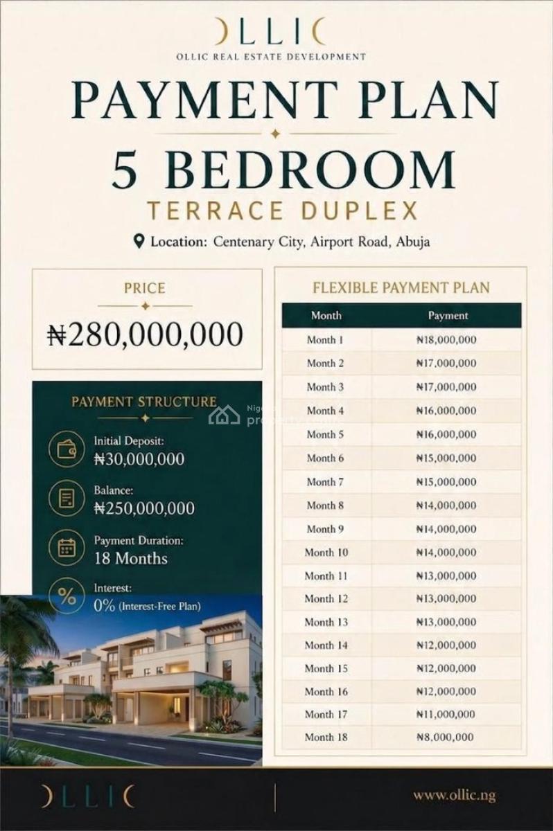 Excellently Finished 5 Bedroom Terrace with Morden Facilities, Airport Road Centenary City, Kuje, Abuja, House for Sale