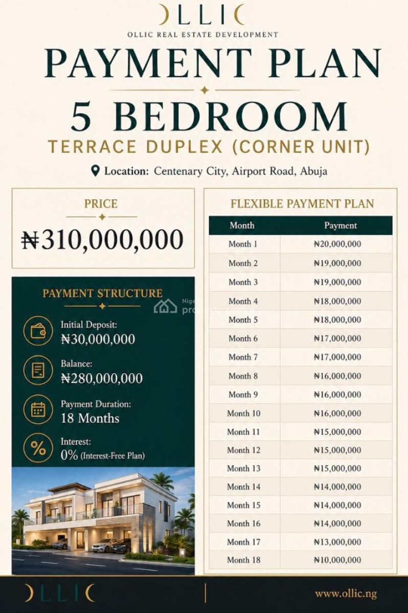 Excellently Finished 5 Bedroom Terrace with Morden Facilities, Airport Road Centenary City, Kuje, Abuja, House for Sale
