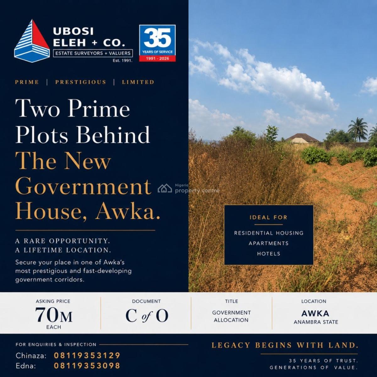Two Prime Plots Available, The New Government House, Akwa, Awka, Anambra, Commercial Land for Sale