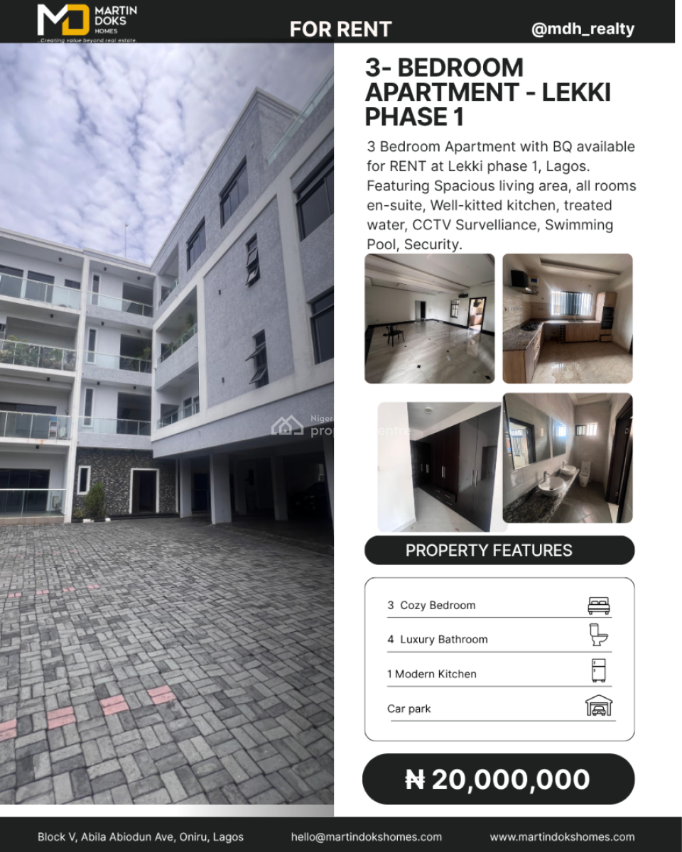 3 Bedroom Apartment with Bq Available, Lekki Phase 1, Lekki, Lagos, Flat / Apartment for Rent