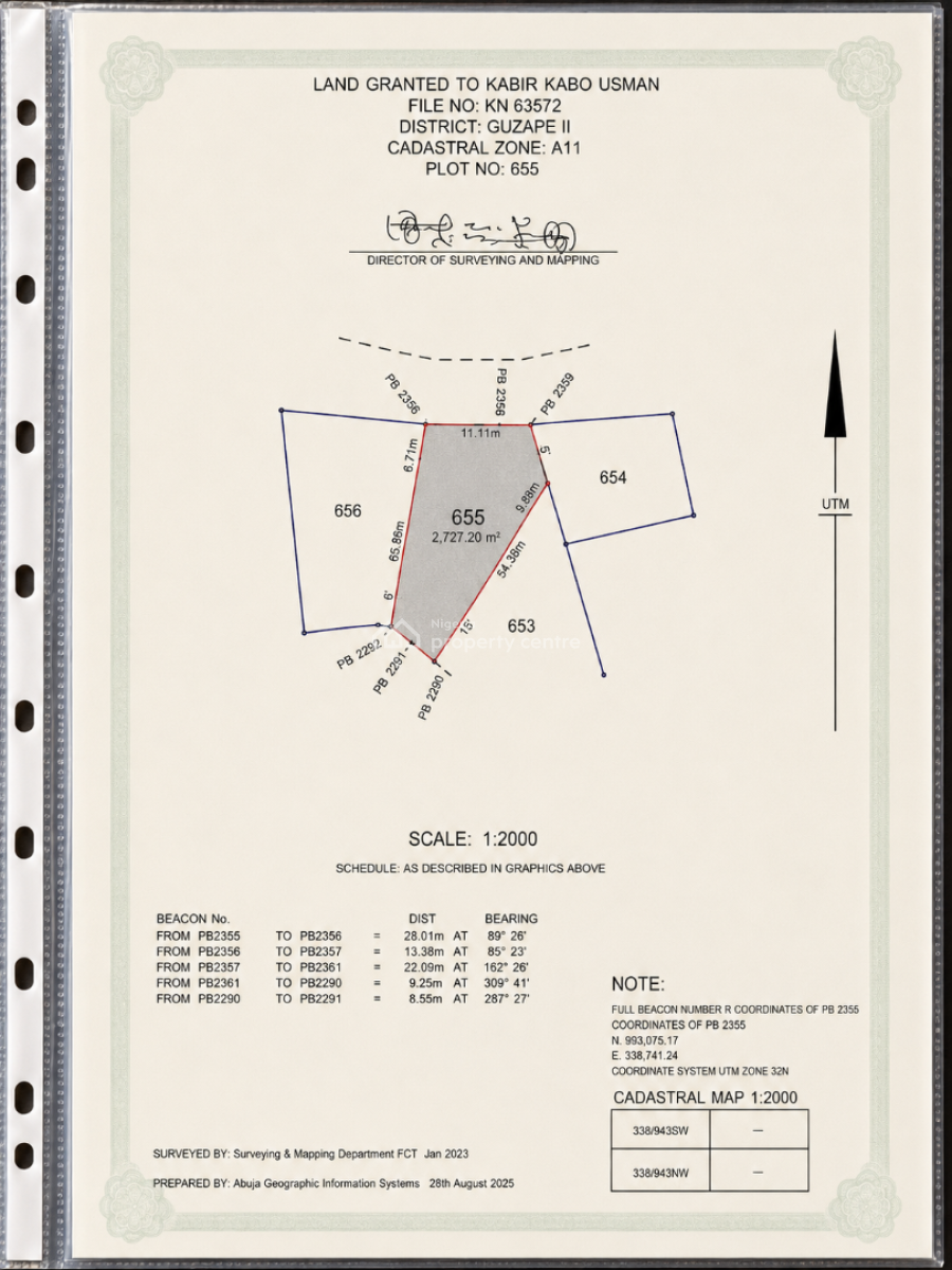 Direct Mandate: 2,727sqm Land in Guzape Ii Abuja, Guzape A11, Guzape District, Abuja, Residential Land for Sale