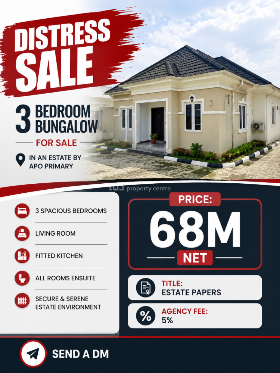 Distress Standard 3 Bedroom Bungalow (in an Estate), Apo Primary, Apo, Abuja, Detached Bungalow for Sale