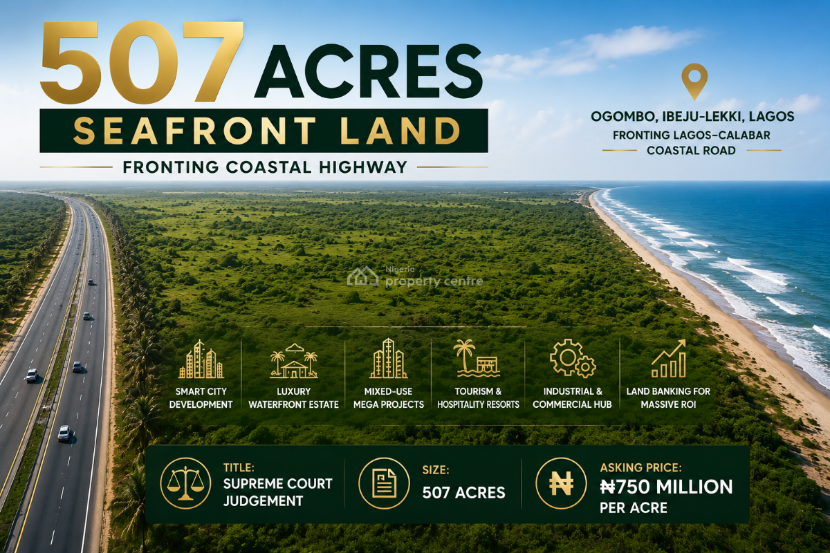 Prime 507 Acres Seafront Land Fronting Coastal Highway, Coastal Road, Ogombo, Okun-ajah, Ajah, Lagos, Mixed-use Land for Sale
