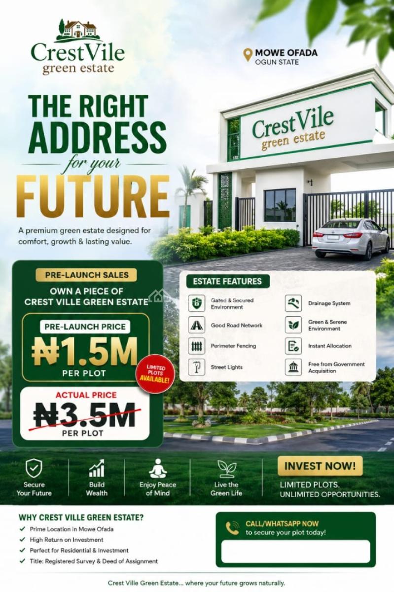 Residential Land, Crestville Green Estate Close to Olam Food Industry,pre Launch Sales, Mowe Ofada, Ogun, Residential Land for Sale