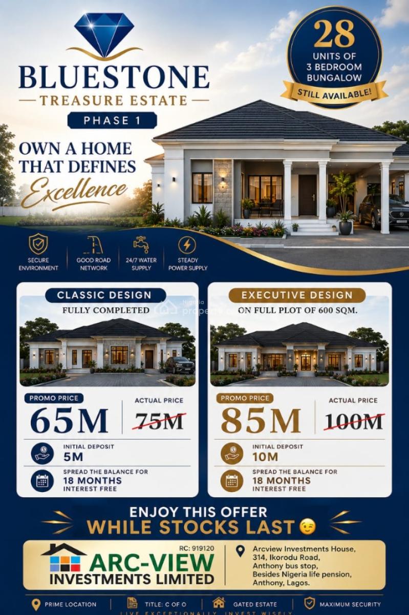 Own a New 3 Bedroom Detached Bungalow, Bluestone Treasure Estate Phase 1, Mowe Town, Ogun, Detached Bungalow for Sale