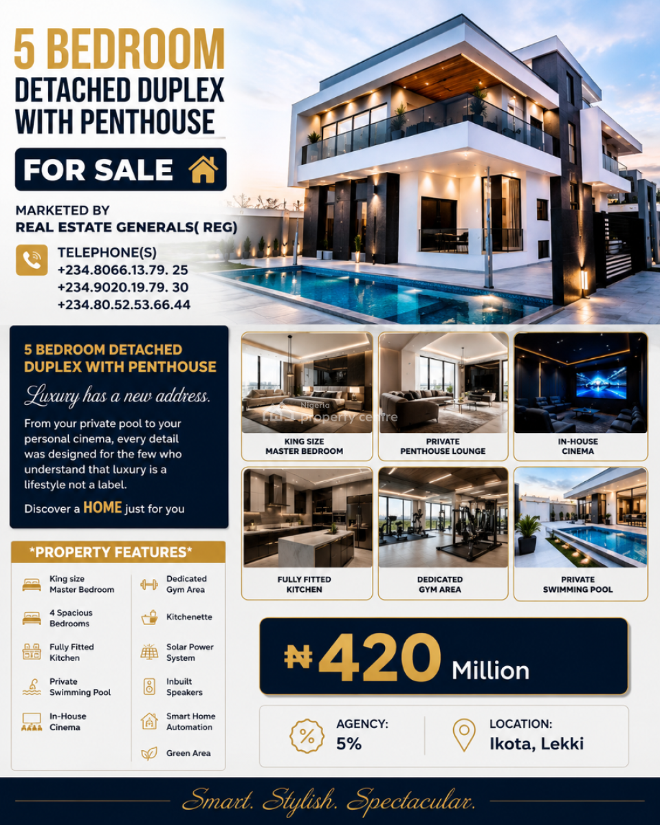5 Bedroom Detached Duplex with Penthouse, Ikota, Lekki, Lagos, Detached Duplex for Sale